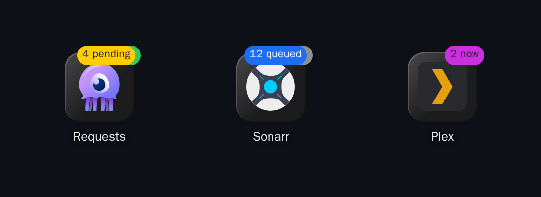 Three app tiles: two badges show a second pill behind them, one does not