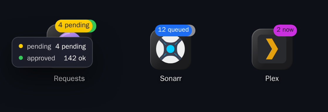 An app tile with its badge list open, showing pending and approved with their values
